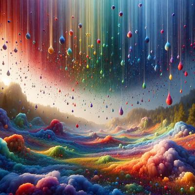 The primary subject of the image is a colorful landscape featuring a rainbow-colored sky with numerous colorful balls and balloons floating in the air. The setting is a lush, vibrant environment with a backdrop of trees. The visual style is a digital art or illustration, creating a whimsical and playful atmosphere. The colors and mood are predominantly bright, cheerful, and lively, with a sense of wonder and creativity.
